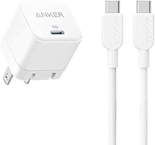 شاحن سريع مع قابس قابل للطي وكابل USB-C إلى C من انكر، مناسب لسلسلة آيفون 15 وأجهزة جالاكسي وموبايلات بكسل واي باد وغيرهم، لون أبيض، 20 وات