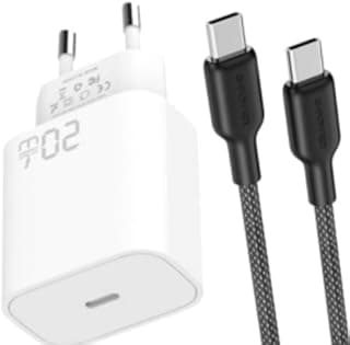 شاحن سريع جان 20 واط + كيبل USB-C 65 واط من جي باور، محول طاقة للشحن السريع لسلسلة ايفون 17/16/15، سامسونج جالاكسي، بيكسل، ايباد، ماك بوك والمزيد - ابيض واسود