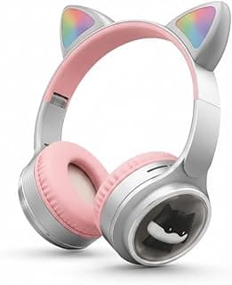 H3 Wireless Bluetooth Headphones with RGB Cat Ears and LED Lights, 360 Surround Stereo Sound, Noise Canceling Foldable Over-Ear Headset for Kids and Girls - Stylish Gary Color