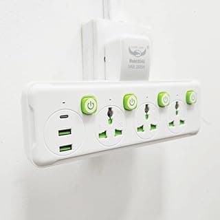 مقبس حائط متعدد الوظائف مع 3 منافذ تيار متردد، ومنفذي USB، ومنفذ من النوع C للشحن السريع – 2500 واط، تصميم عالمي – أبيض