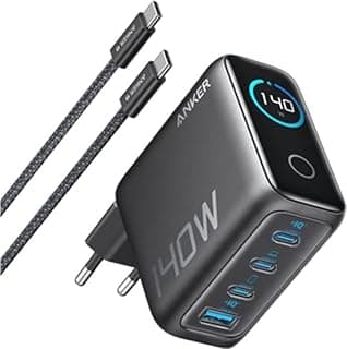 شاحن زولو للحائط بشاشة تعمل باللمس وقوة 140 وات بتقنية بي دي وجان مع 3 منافذ USB نوع C و1 منفذ USB نوع A ومتوافق مع آيفون وسامسونج وبيكسل وماك بوك وكروم بوك وايربودز وأكثر لون رمادي غامق، من انكر