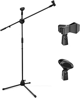 MS-1001 3 Leg Boom Dual Microphone Stand with Dual Mic Clip Holders | for Studio Recording, Speech, Stage,Outdoor Activities (Black)