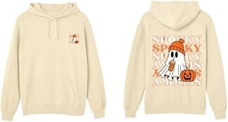 Halloween Ghost Graphic Hoodie, Beige Cotton Pullover Sweatshirt with Spooky Pumpkin Print(9-12Y)