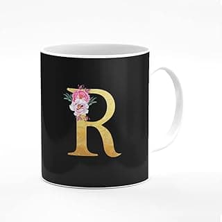 Stylizedd Designer Printed Coffee Mug 11oz Ceramic Personalised Gift Mugs Cup -Custom Monogram Initial Letter Floral Pattern Alphabet - R (Black)