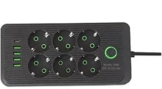 مشترك كهرباء ELMAGHRABY بطول 2 متر مع 6 مخارج طاقة، زر تشغيل، 4 منافذ USB، ومنفذ Type-C، مصنوع من مواد مقاومة للحرارة