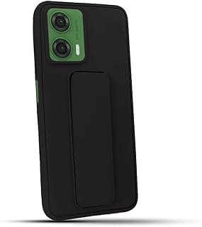 جراب خلفي سيليكون لموتورولا Moto G35 مع حزام معصم جلدي، مسند خلفي للوضع الأفقي والرأسي، حامل مغناطيسي متوافق مع موتورولا Moto G35 (6.72 بوصة) (أسود)