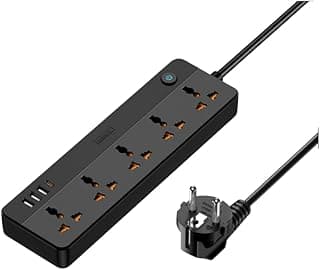 مشترك كهرباء من سلسلة كيدي RP-U160 من ري ماكس - 5 مقابس + 4 منافذ (3 USB، 1 نوع سي) - أسود