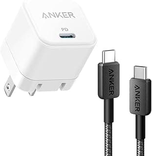 شاحن أنكر A2149P21 بمنفذ USB نوع C، شحن سريع 20 واط مع قابس قابل للطي، باور بورت 3 كيوب 20 وات مع كابل أنكر 322 نوع C إلى نوع C (بطول 0.9 م) من النايلون – أسود
