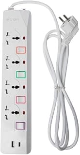 E-train (PS077) Power Strip 16A with Overload Protection 4 Output Plugs + 1 USB + 1 Type-C 2.4A Charging Ports 2M - On-Off Switch