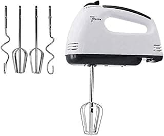 300W Electric Manual Egg Beater, 7 Speeds, White and Black, with 4 Attachments for Mixing, Kneading, Cream Whisk