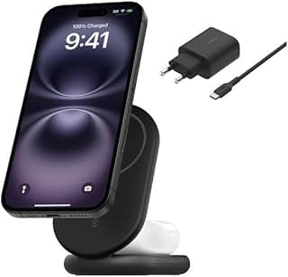 شاحن مغناطيسي BoostCharge 2 في 1 قابل للطي بقدرة 15 وات، شاحن لاسلكي متوافق مع MagSafe، شاحن سريع لهواتف ابل ايفون 16/15/14/13/12، محطة شحن بقاعدة غير قابلة للانزلاق، مع محول طاقة