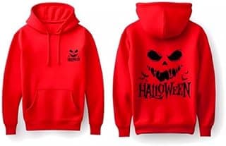 Halloween Graphic Pullover Hoodie, Red Cotton Sweatshirt with Spooky Print, Unisex(L)