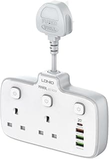 مشترك كهرباء بـ4 منافذ USB ووصلة تمديد، بخاصية الحماية من التيار الزائد من لدنيو SC2413 - لون ابيض
