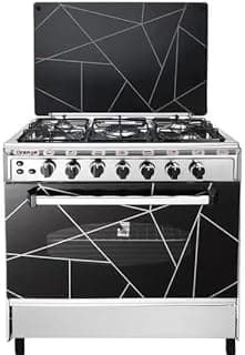 Al Ahram Gas Cooker, 5 Burners, Black and Silver, Modern Geometric Design, Large Oven