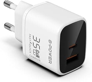 شاحن GP-C11 بقدرة 35 وات بمنفذين USB (USB-A و USB-C) يدعم كوالكوم للشحن السريع 3.0، متوافق مع ايفون 14/14 Plus/14 Pro/14 Pro Max/13، سامسونج، بيكسل 4/3، ايباد - أبيض وأسود