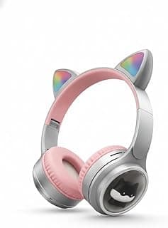 H3 Wireless Bluetooth Headphones with RGB Cat Ears and LED Lights, 360 Surround Stereo Sound, Noise Canceling Foldable Over-Ear Headset for Kids and Girls - Stylish Gary Color