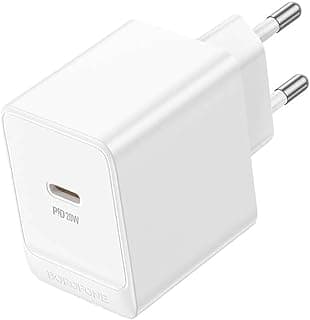 شاحن حائط بورو فون Erudite بمنفذ واحد، فيشة أوروبية، منفذ USB-C PD20W - أبيض