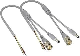كابل فيديو وطاقة BNC DC ذكر إلى DC ذكر، كابل طرف مفتوح لصيانة كاميرات المراقبة CCTV - 30 سم - عبوة من 2