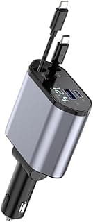 4-in-1 Retractable Car Charger, 100W Fast Charging Adapter with Type-C and Lightning Cables, USB-C & USB-A Ports, 180° Swivel Base and LED Voltage Display for iPhone 15/14/13, Samsung Galaxy, Pixel