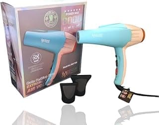 مجفف شعر Power Max 8000، لون أزرق فاتح، موديل MO-7163، قوة هوائية فائقة، يشمل ملحقات. بخاصية مضاعفة الهواء وقوة الايونات وخاصية حماية الشعر من الحرارة الزائدة