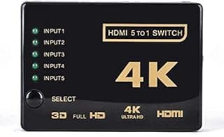 موزع محول HDMI بدقة 4K بخمسة منافذ مع جهاز تحكم عن بعد يعمل بالأشعة تحت الحمراء – محدد HDMI لأجهزة متعددة - أسود