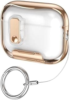 جراب فكرة لـ AirPods Pro 3 (إصدار 2025) بقفل أمان ومسند - غطاء حماية شفاف مطلي بالزجاج، حماية من السقوط، حلقة معدنية (ذهبي)