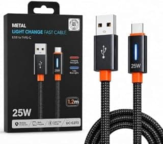 كابل Type-C شحن سريع 25W – إضاءة ذكية LED – طول 1.2 متر – USB إلى Type-C – خامة معدنية قوية