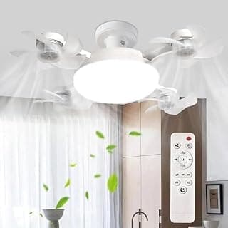 مروحة سقف DROON بإضاءة LED، ريش بتصميم زهرة بيضاء، ريموت كنترول