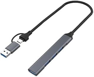 هب KM Technology محول 4 في 2 (Type-C و USB) إلى 4 منافذ USB 3.0 خامة ألومنيوم للابتوب والكمبيوتر - لون رمادي