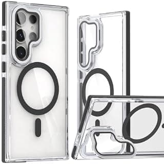 Magnetic (Case for Samsung Galaxy S25 Ultra), HD Clear Anti-Yellowing Case with Lens Cover Bracket Shockproof Non Slip Phone Case (Black)