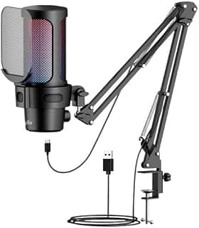 USB/Type-C Professional Condenser Microphone Kit | 192kHz/24bit (RGB Gaming Mic + Boom Arm + Pop Filter + Shock Mount) - For Podcasting, Streaming, Discord, PC/Mobile