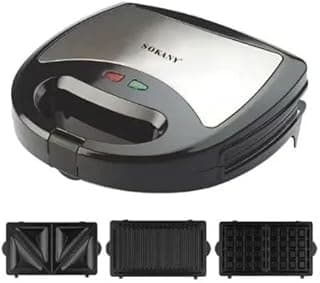 SOKANY صانع سندوتشات 3 في 1، 750 واط، 3 ألواح قابلة للتبديل، أسود وفضي، موديل SK-302N