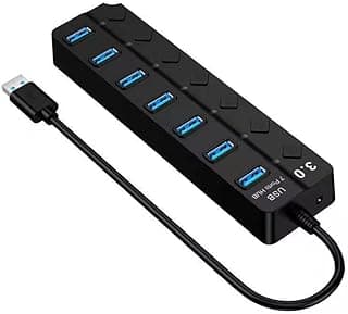USB Hub 7 منافذ 2.0 بمفاتيح تشغيل فردية + إضاءة LED – موزع USB متعدد للكمبيوتر واللاب توب – شحن ونقل بيانات سريع – تصميم صغير مع حماية وفولت إضافي 5V
