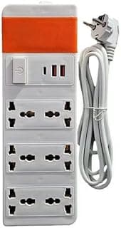 مشترك كهرباء، 6 مخارج، 2 منفذ شحن USB ومنفذ Type-C، سلك قوي ومرن للأجهزة الكهربائية، 2500 وات، أبيض وبرتقالي