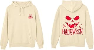 Halloween Graphic Hoodie, Spooky Face Design, Beige Cotton Pullover Sweatshirt(3-6Y)