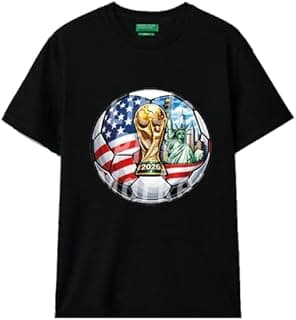 تيشيرت برسومات فيفا كأس العالم 2026، أسود، طباعة كرة قدم، طابع الولايات المتحدة، مقاس S