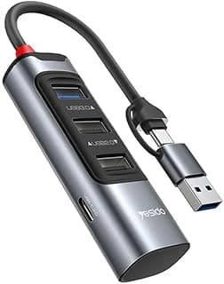 HB19 موزع 4 في 1 مع موصل 2 في 1 (USB-A و Type-C)، موزع بيانات ألومنيوم مع منفذ 1x 3.0، منفذين 2.0 ومنفذ 1x USB-C للابتوب، ماك بوك والكمبيوتر