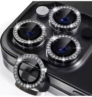 حامي عدسة كاميرا ماسي لهاتف ابل iPhone 16/iPhone 16 Pro، غطاء عدسة زجاج مقوى لامع، حلقات معدنية وملصقات
