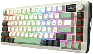 لوحة مفاتيح ألعاب ميكانيكية لاسلكية K708 برو، مثبتة بالحشوة المطاطية إضاءة خلفية RGB، 81 مفتاح، 3 أوضاع (2.4G / بلوتوث / USB)، مفاتيح قابلة للتبديل مسبقًا ومشحّمة، شاشة ومقبض تحك من ريدراجون، أبيض