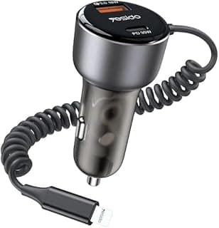 شاحن سيارة سريع 50W مع منفذي USB-A & USB-C وكابل 8-Pin مدمج، يدعم PD & QC، تصميم معدني متين ومتوافق مع جميع سيارات 12–24V