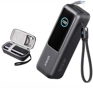 شاحن باور بانك زولو 25 ألف كيلوجول و165 وات ومنفذ USB نوع C وكابل قابل للسحب، شاحن محمول عالي السرعة 1 USB-C، 1 USB نوع A، حزمة بطارية لآيفون 17/16/1 وجالكسي S25 S26 وماك بوك (جراب متضمن) من انكر
