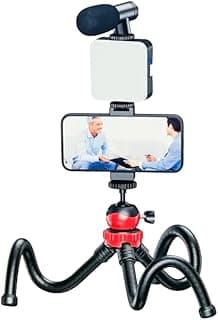 PK-776-5-in-1 Smartphone Video Rig, Camera Mount Stabilizer with LED Light, Microphone, U-Grip Handle - (Black)
