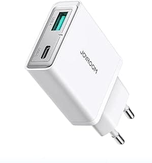 شاحن حائط JR-TCF14 فائق النحافة بقدرة 20 واط مع منافذ USB نوع ايه وUSB نوع سي، شحن سريع، تصميم صغير لموبايلات الذكية وأجهزة التابلت من جوي روم - لون أبيض