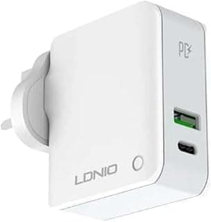شاحن سفر سريع LDNIO A4403C بقدرة 20W مع 2 مخرج PD+AUTO-ID وكابل Lightning - أبيض