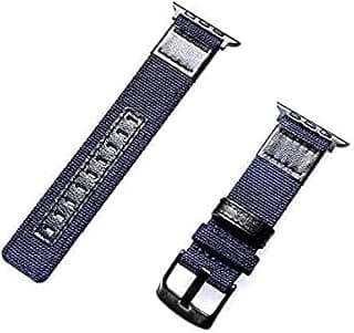 استراب جلد طبيعي مع نايلون ومشبك معدني متوافق مع ساعة ابل 42/44/45/46/49mm Series 4-11 / Ultra 1/2/3 - استراب بديل جيد التهوية - أزرق