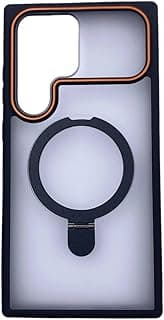 غطاء هاتف شفاف مع حلقة مغناطيسية وحامل قابل للطي، متوافق مع Samsung Galaxy S25 Ultra، أسود وبرتقالي