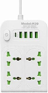 مشترك كهرباء 2500 وات متعدد المنافذ، 4 مقابس كهرباء بالإضافة إلى منافذ USB متعددة ومنفذ TYPE-C (أبيض، 4 مقابس و4 منافذ USB ومنفذ TYPE-C)