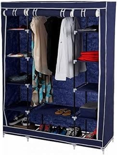 Portable Wardrobe Closet Organiser with Shelves, Navy Blue, 3 Pack, Large Storage Cabinet with Hanging Rod
