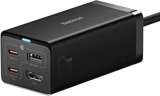شاحن سريع لسطح المكتب جان 5 برو 1U+2C + HDMI 67 وات مع سلك طاقة 1.5 متر سي ان اسود من باسيوس كابل بيانات كامل المزايا النوع الى نوع 100 20 فولت - امبير 1 مطاط