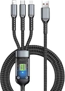كابل USB متعدد 3 في 1 مضفر للشحن السريع 6A/100W - شريحة ذكية - إصدار سميك متوافق مع Lightning/Micro/Type-C - أسود